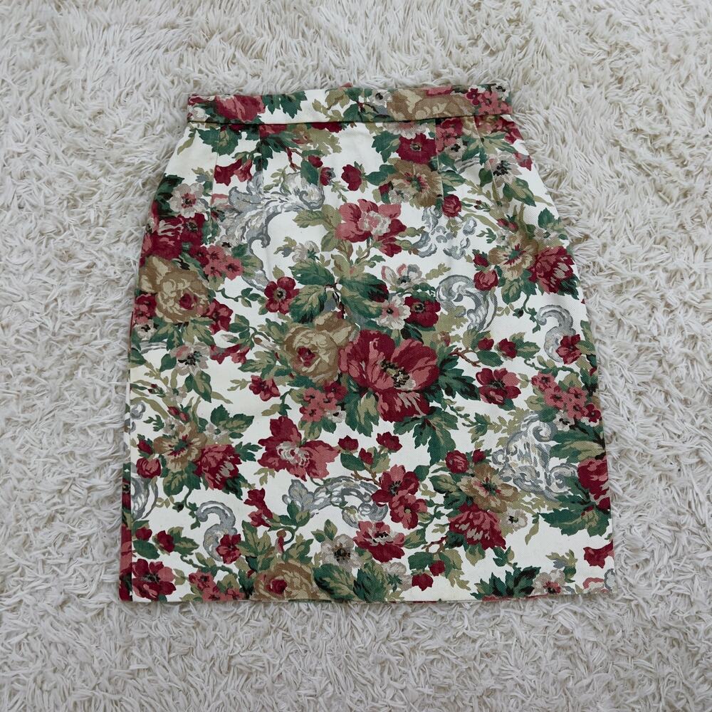 Vintage 1990s Handmade Burgundy Floral Denim Skirt 25" Waist